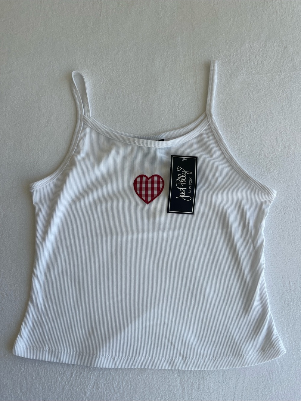 Just Polly White Ribbed Gingham Heart Cami Tank Top Size XL NWT Coquette Y2K